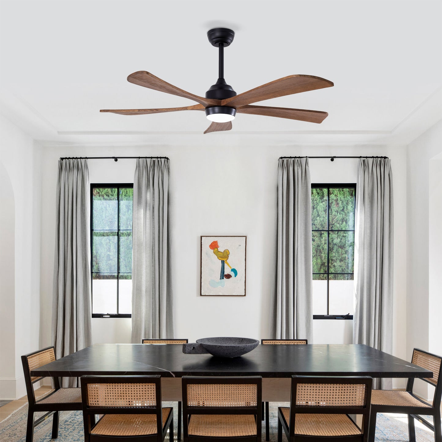52-Inch Solid Wood Blades Ceiling Fan with Lights and Remote Control - Matte Black