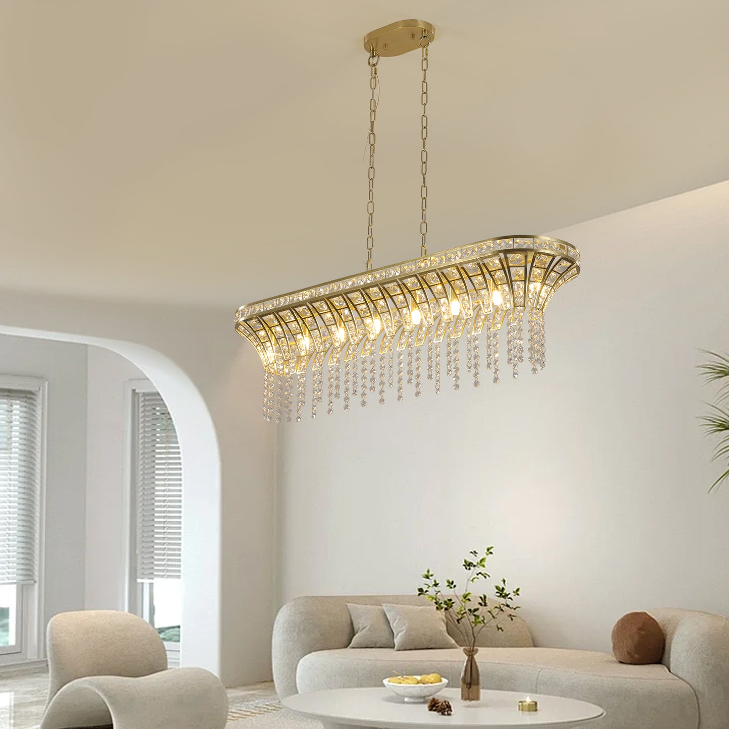 39-Inch Crystal Linear Chandelier with Gold Finish - Elegant Pendant Light