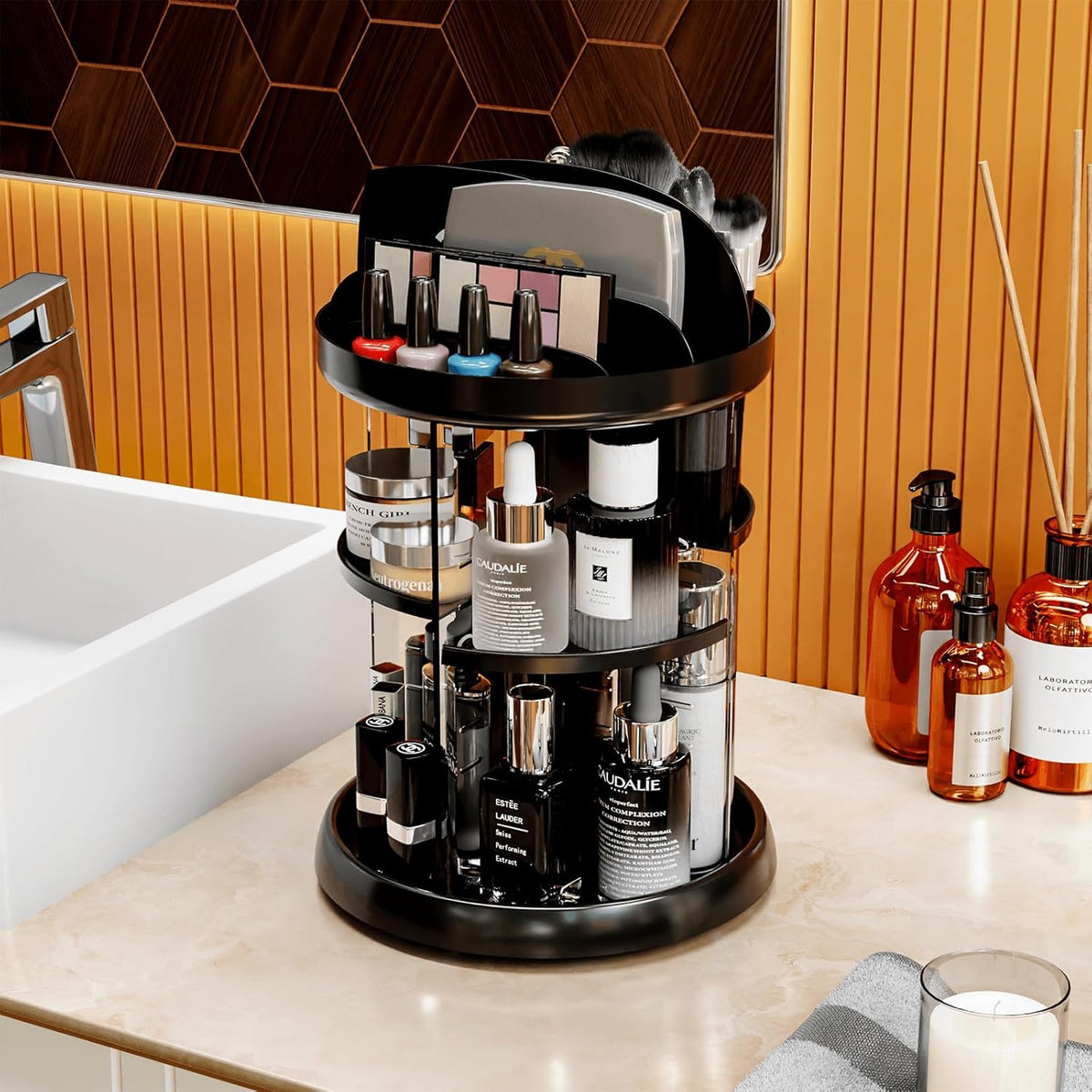 360 Rotating Makeup Organizer with Adjustable Shelves Clear Acrylic Vanity Storage