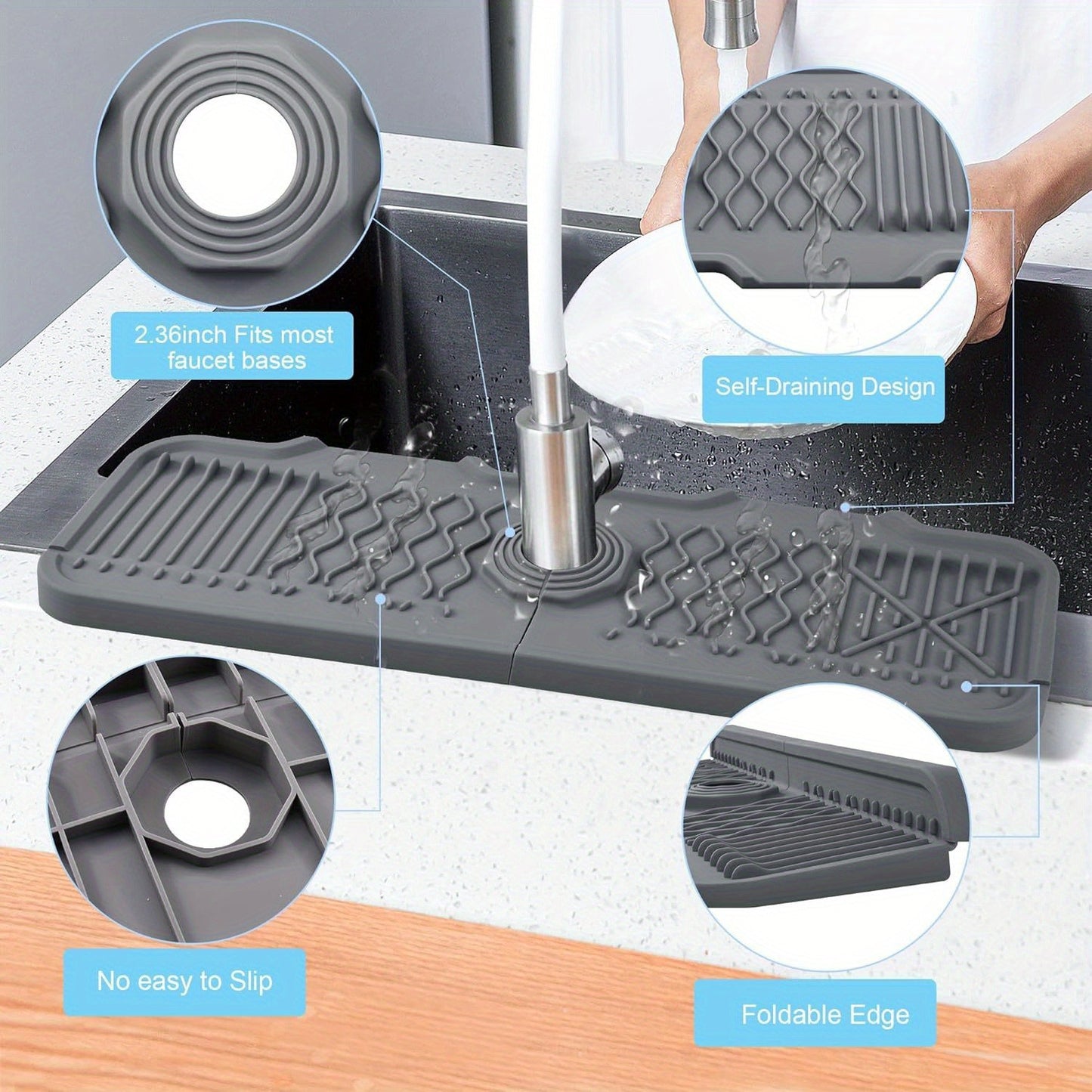 Non-Slip Silicone Self-Draining Kitchen Drain Board - Gray