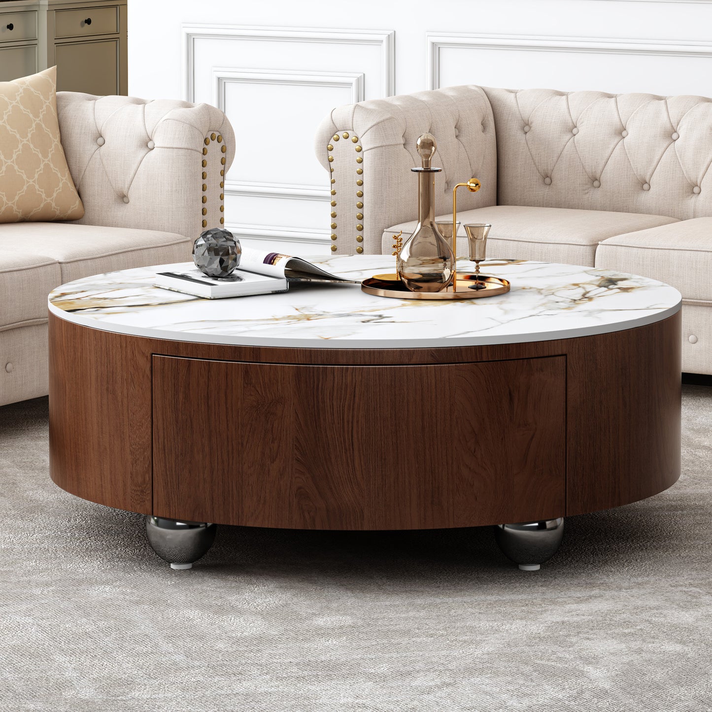 Rustic Round Coffee Table with 2 Drawers & Sintered Stone Top