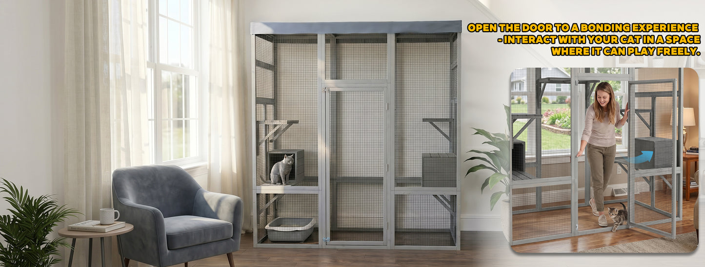 Gray Wooden Cat Enclosure with Waterproof Top, 2 Napping Boxes, Spacious & Secure