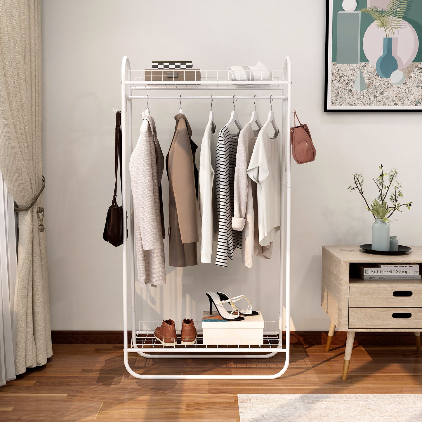Heavy Duty Freestanding Clothes Rack with Double Shelves - White
