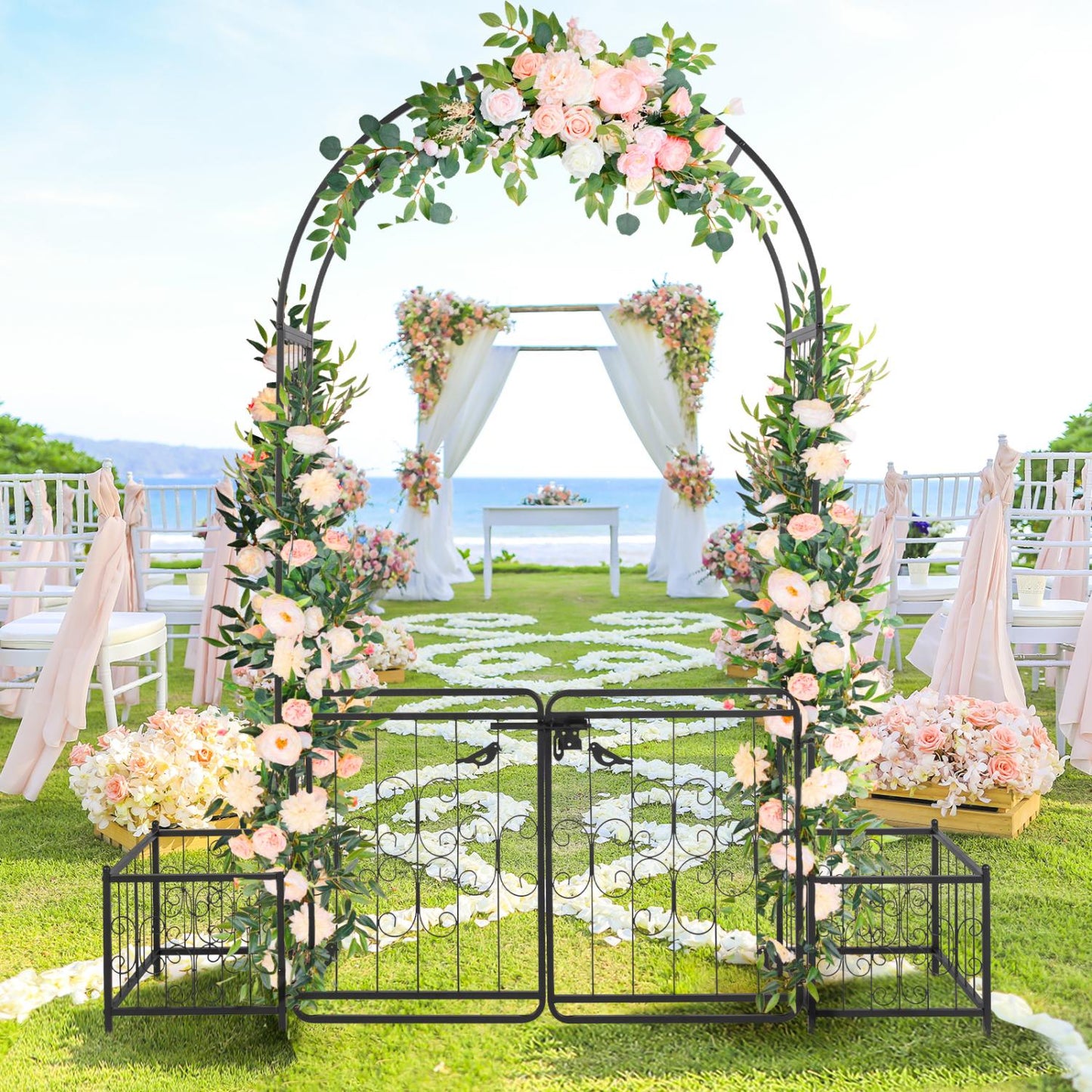 Garden Arbor Arch with Gate and Planter Box - Black Iron Support for Climbing Plants