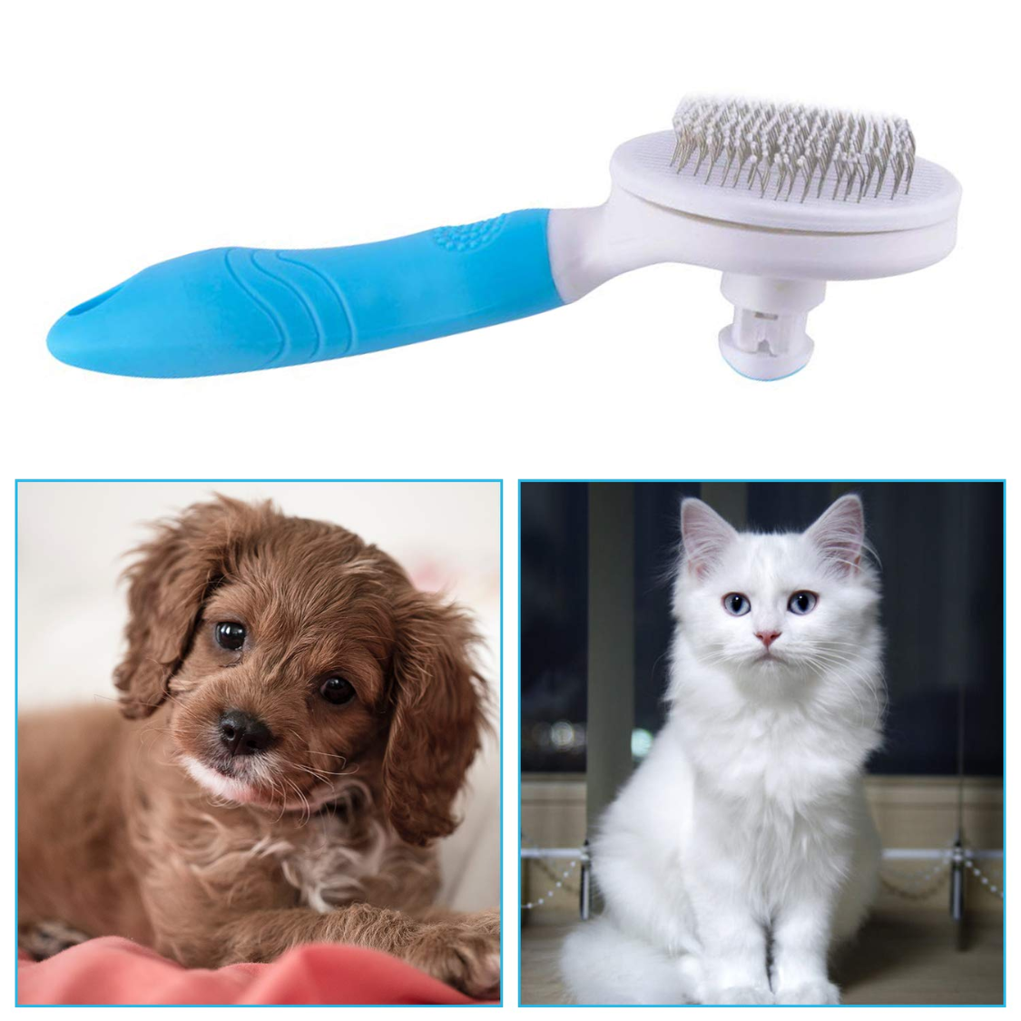 Self Cleaning Slicker Brush for Pets - Deshedding Grooming Tool for Cats, Dogs, Rabbits, Blue