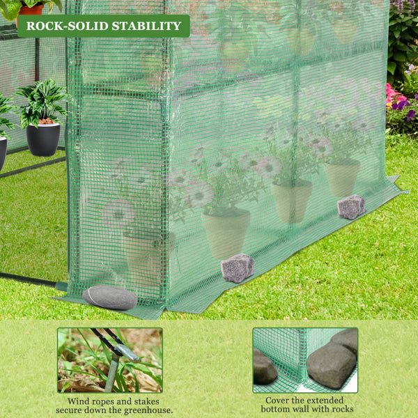 Garden Greenhouse with 8 Shelves, Green PE Cover & Black Iron Frame, 143x143x195cm