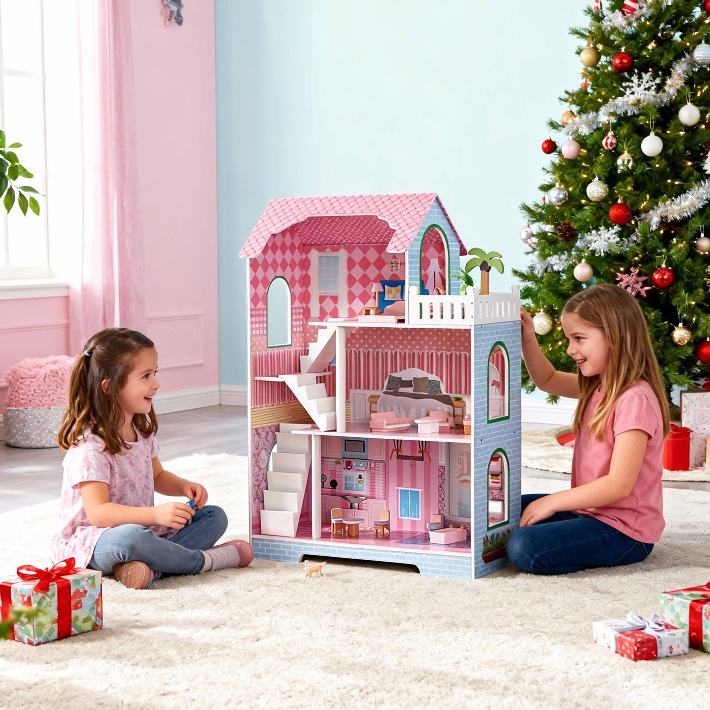 3 Tier Kids Dollhouse With Roof Window And Furniture Wooden Mini Doll