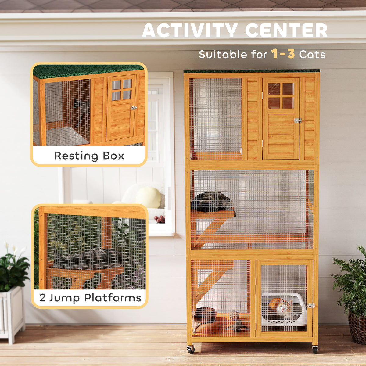 74-Inch Wooden Outdoor Cat House Catio Enclosure with Perches - Orange