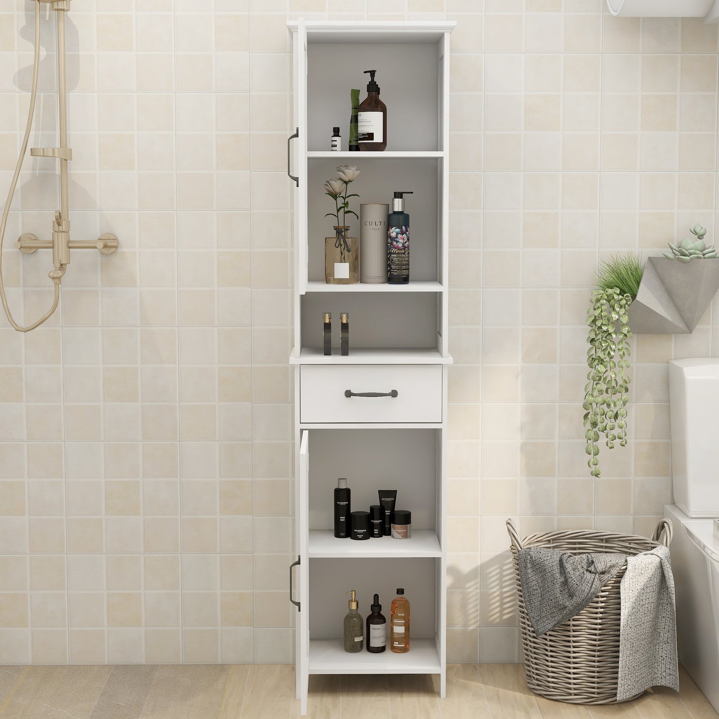 Narrow Slim Floor Standing Cabinet - 65'' Height, White