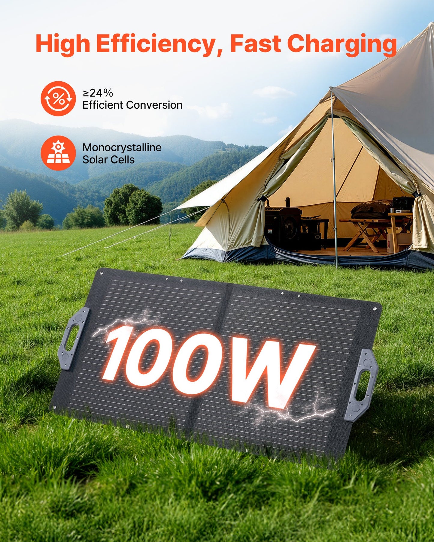 100W Foldable Solar Panel Charger with USB-C & MC4 Output for Camping & Power Stations - Black