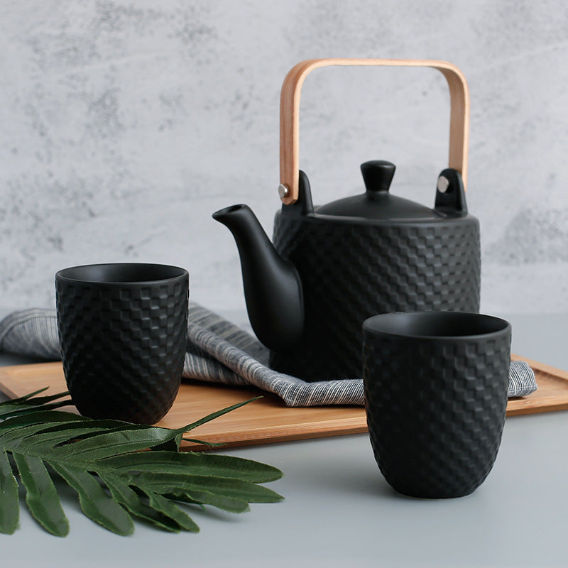 Japanese Ceramic Tea Set with Cups and Pot - White or Black Checkered Finish