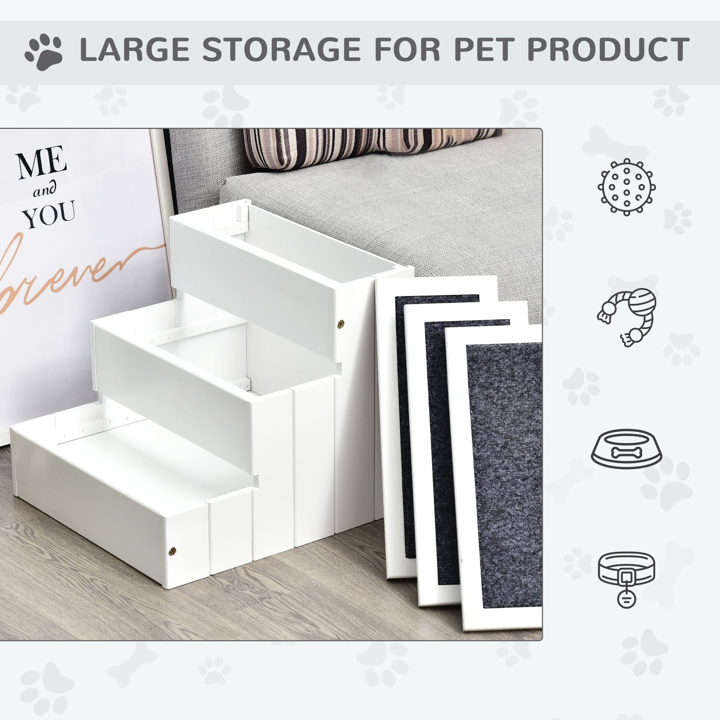 Wooden Pet Stairs with Storage - Non-Slip Carpeted Ramp for Cats & Small Dogs, White, 480x145x575mm