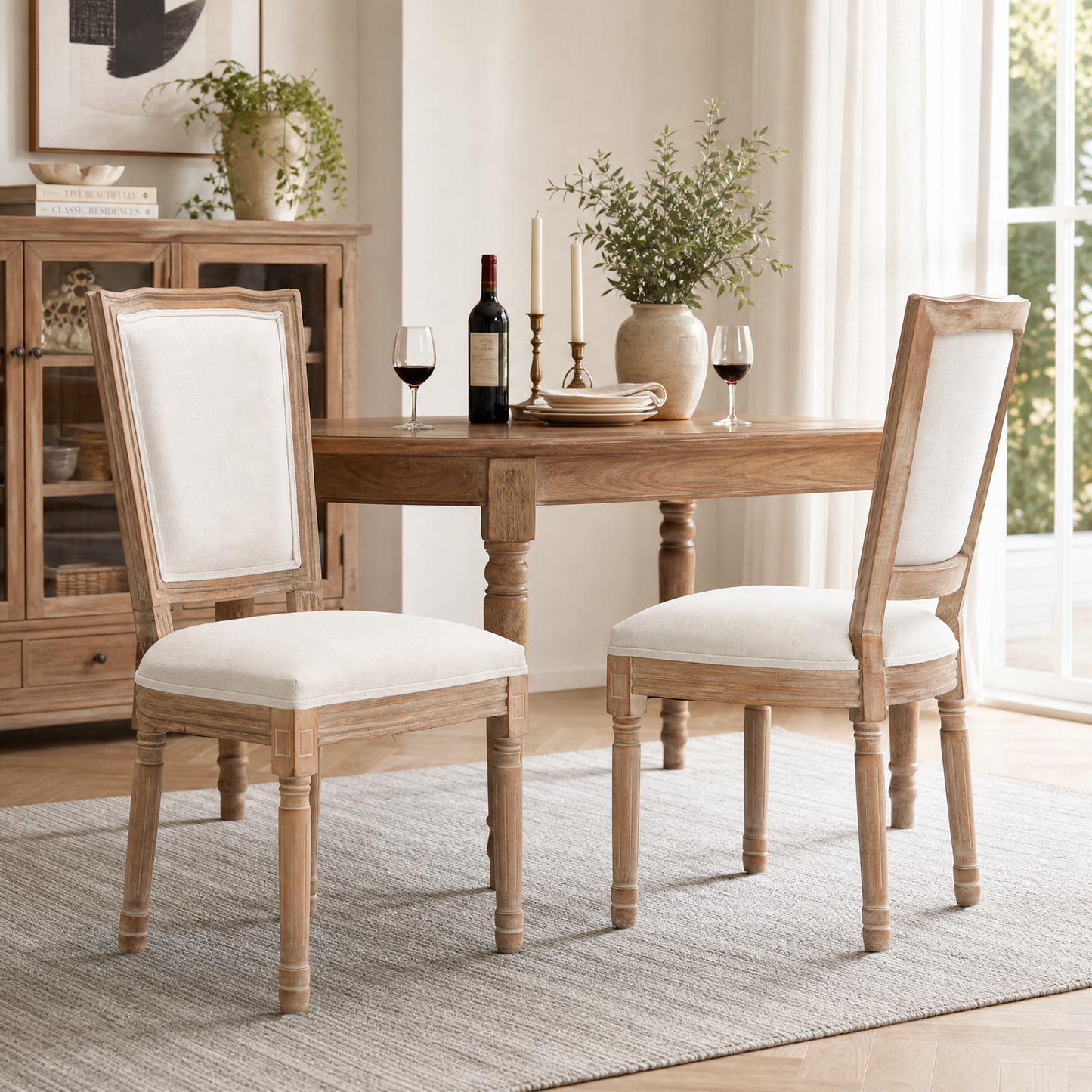 Farmhouse Dining Chairs - Solid Wood Frame with Cushioned Seat, Set of 2, Beige