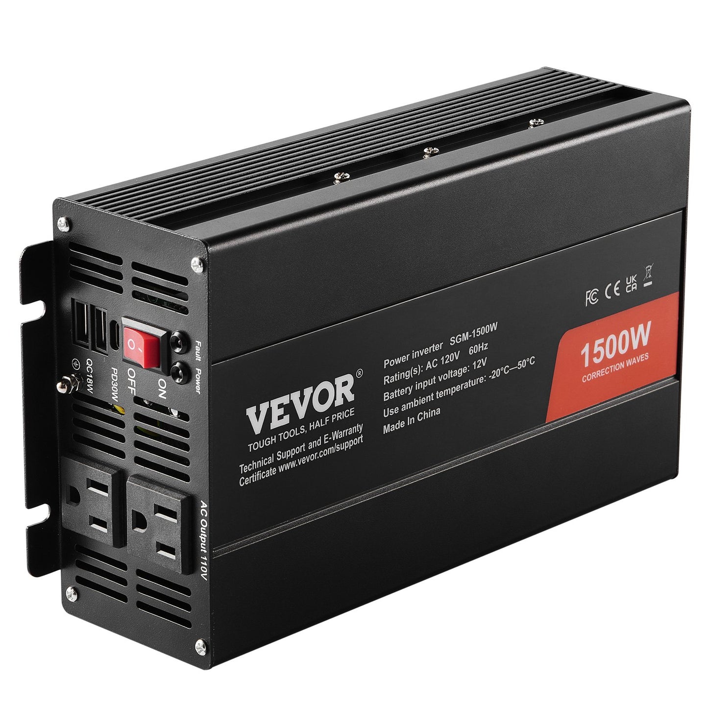 1500W Modified Sine Wave Power Inverter DC 12V to AC 120V with USB & Type-C, 2 Outlets, Fuses