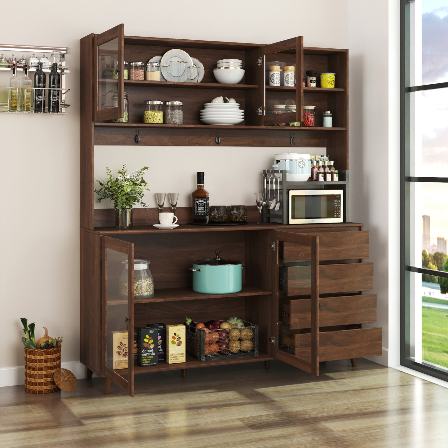 63" Large Freestanding Kitchen Hutch Cabinet with 4 Doors & Drawers - Walnut