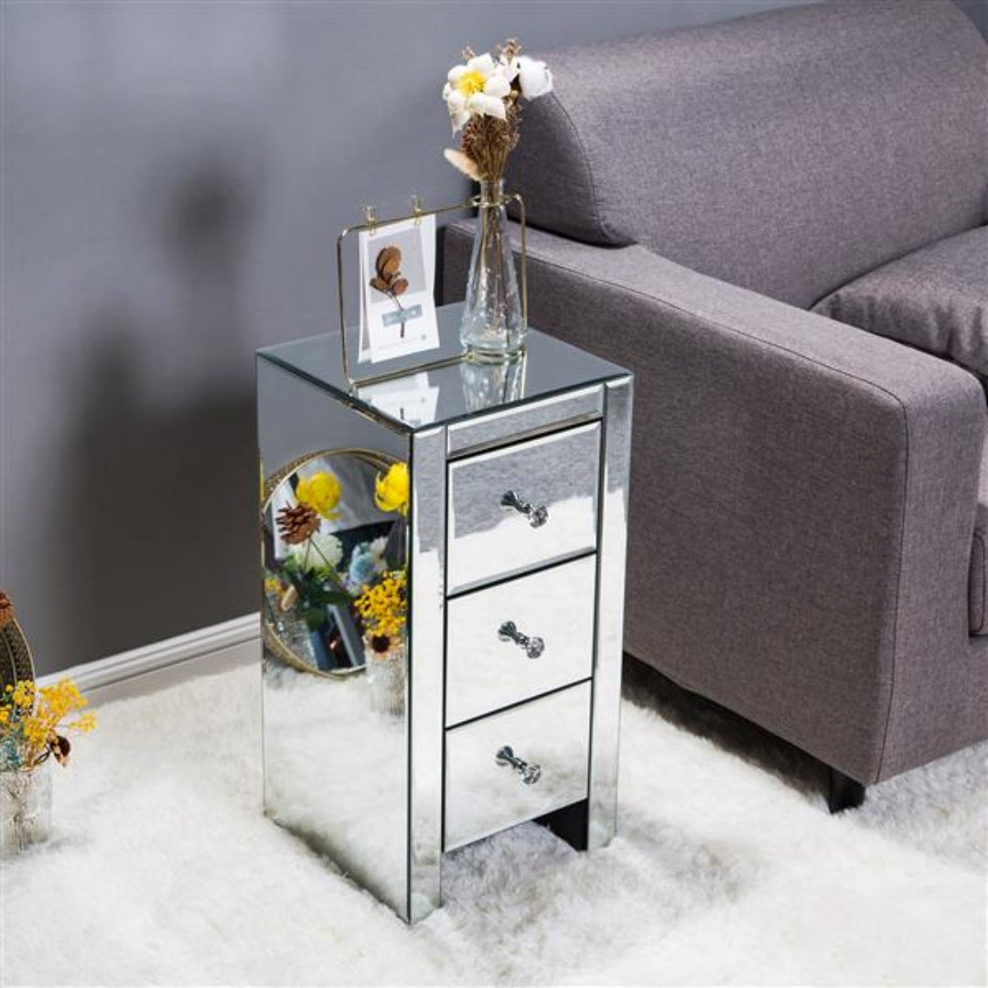 Mirrored Glass Bedside Table with 3 Drawers - Silver