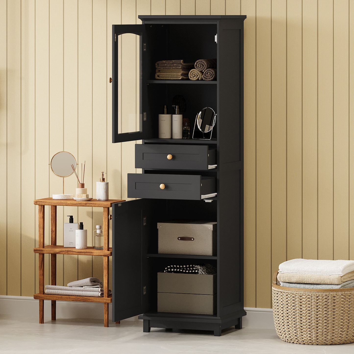 63" Tall Bathroom Storage Cabinet with Glass Doors - Black