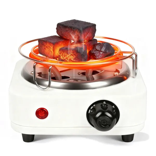 500W Charcoal Burner with Thermostat Control & Tongs - Black