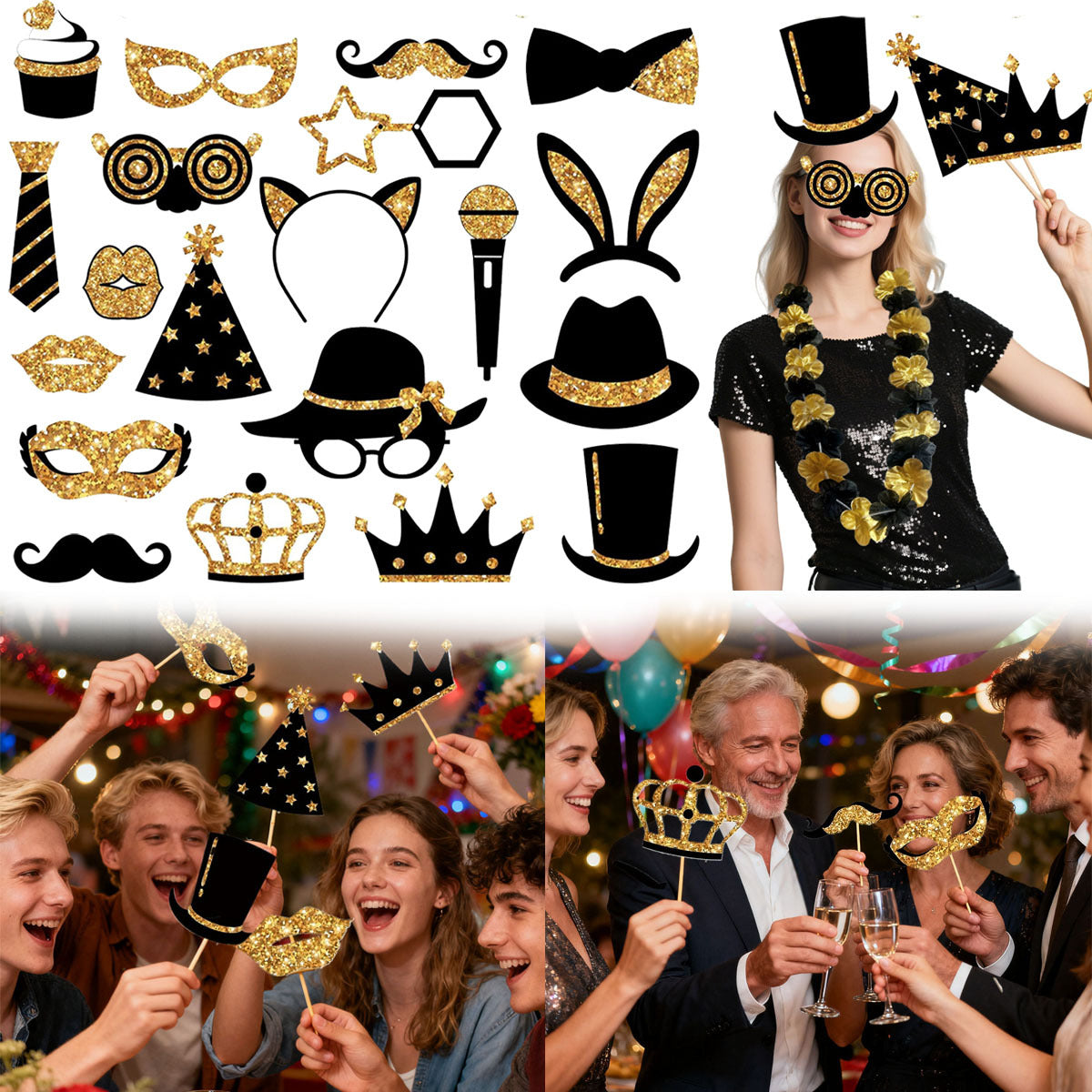 24-Piece Birthday Photo Prop Set - Gold & Black Theme