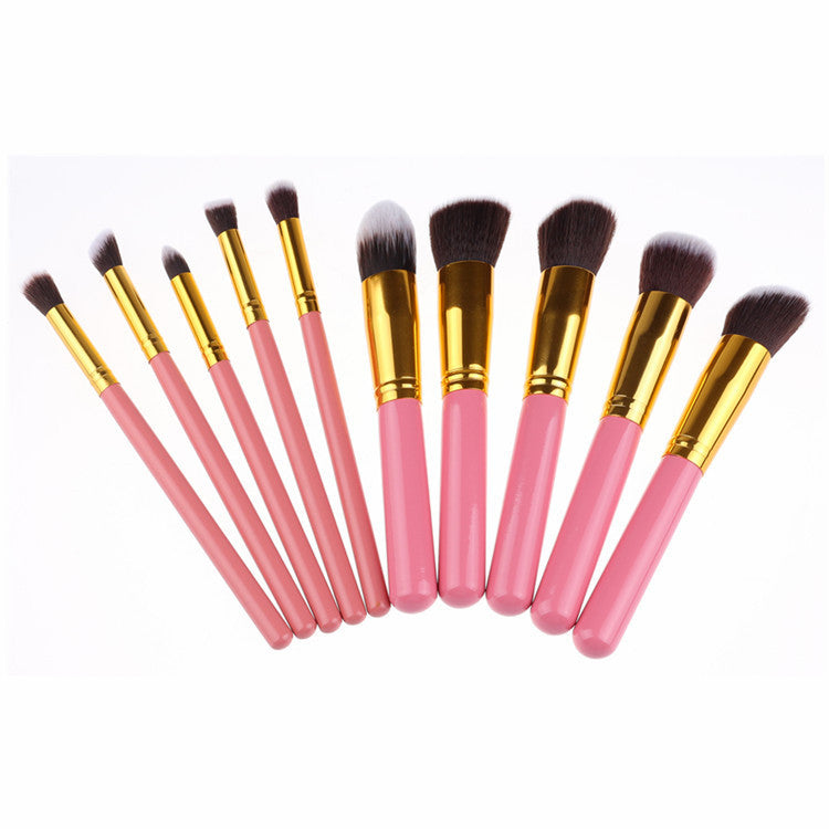 Portable Makeup Brush Set with Wooden Handles - 10-Piece Cosmetic Tools