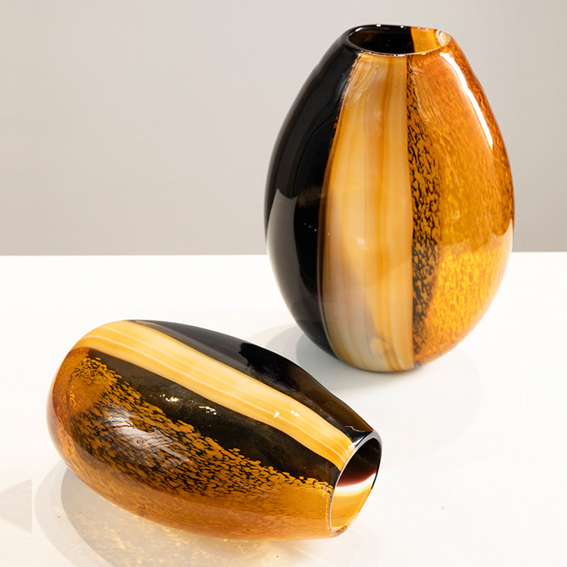 Black Orange Striped Glass Vase - Modern Decorative Home Centerpiece