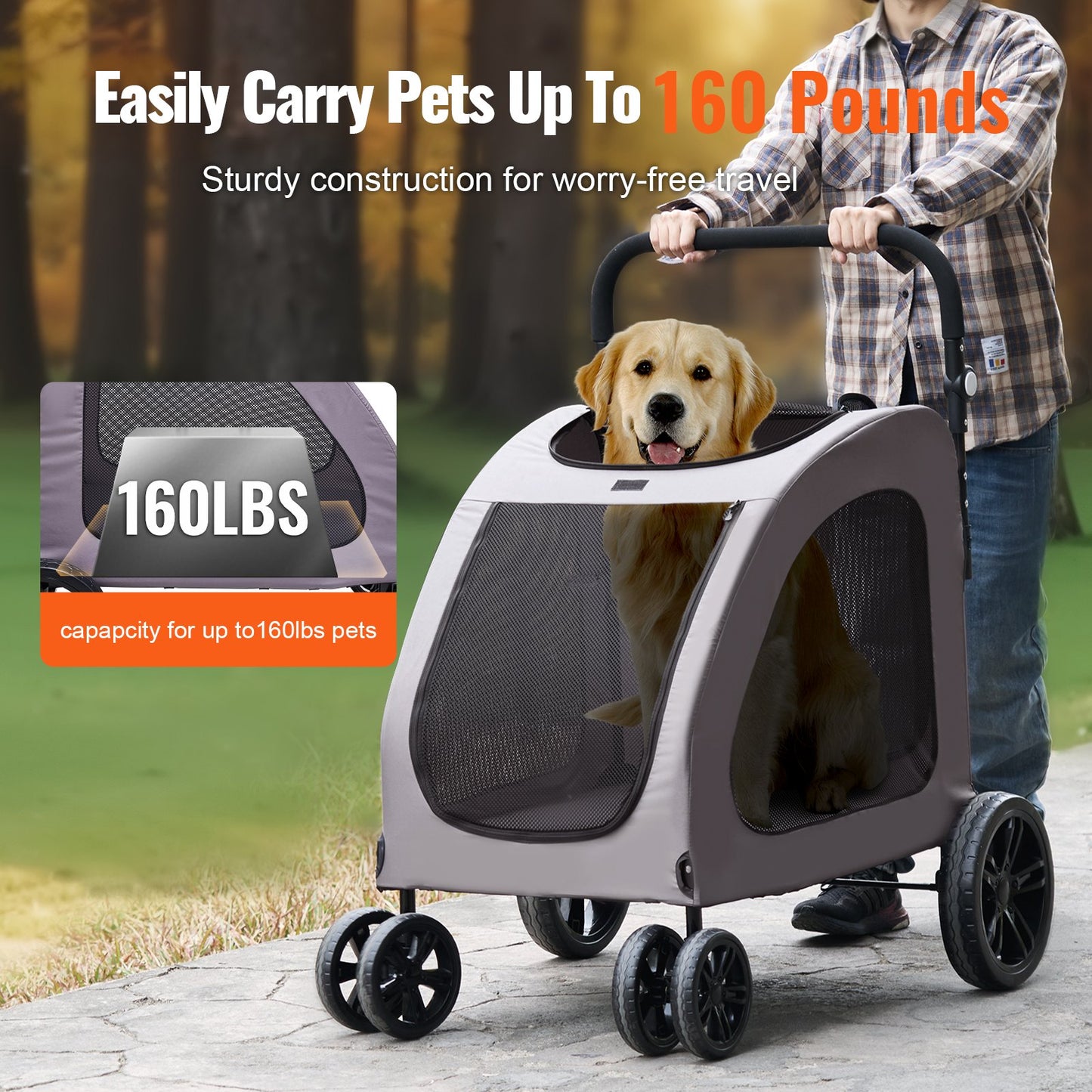 Pet Stroller 4-Wheel Dog Carrier with 160lbs Capacity, Portable & Durable