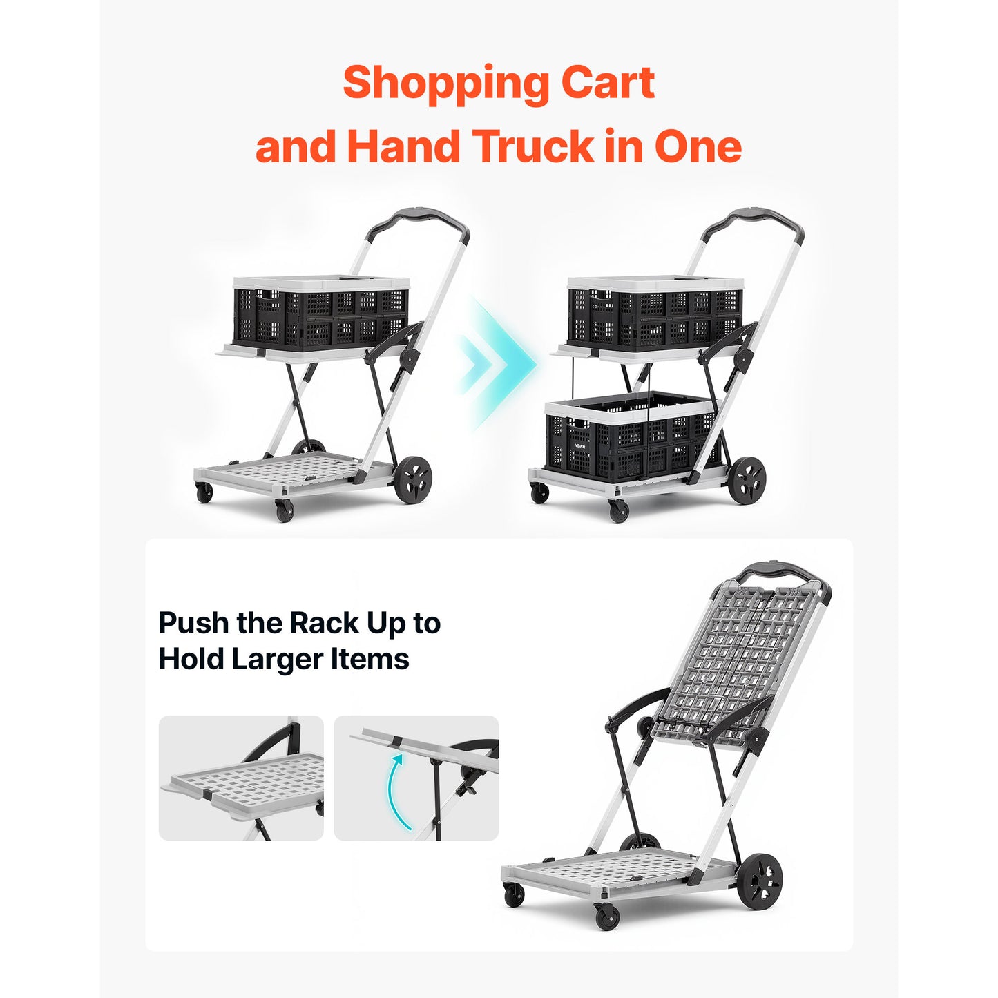 Foldable Shopping Cart with Wheels 200lbs Capacity Portable Utility Cart for Groceries