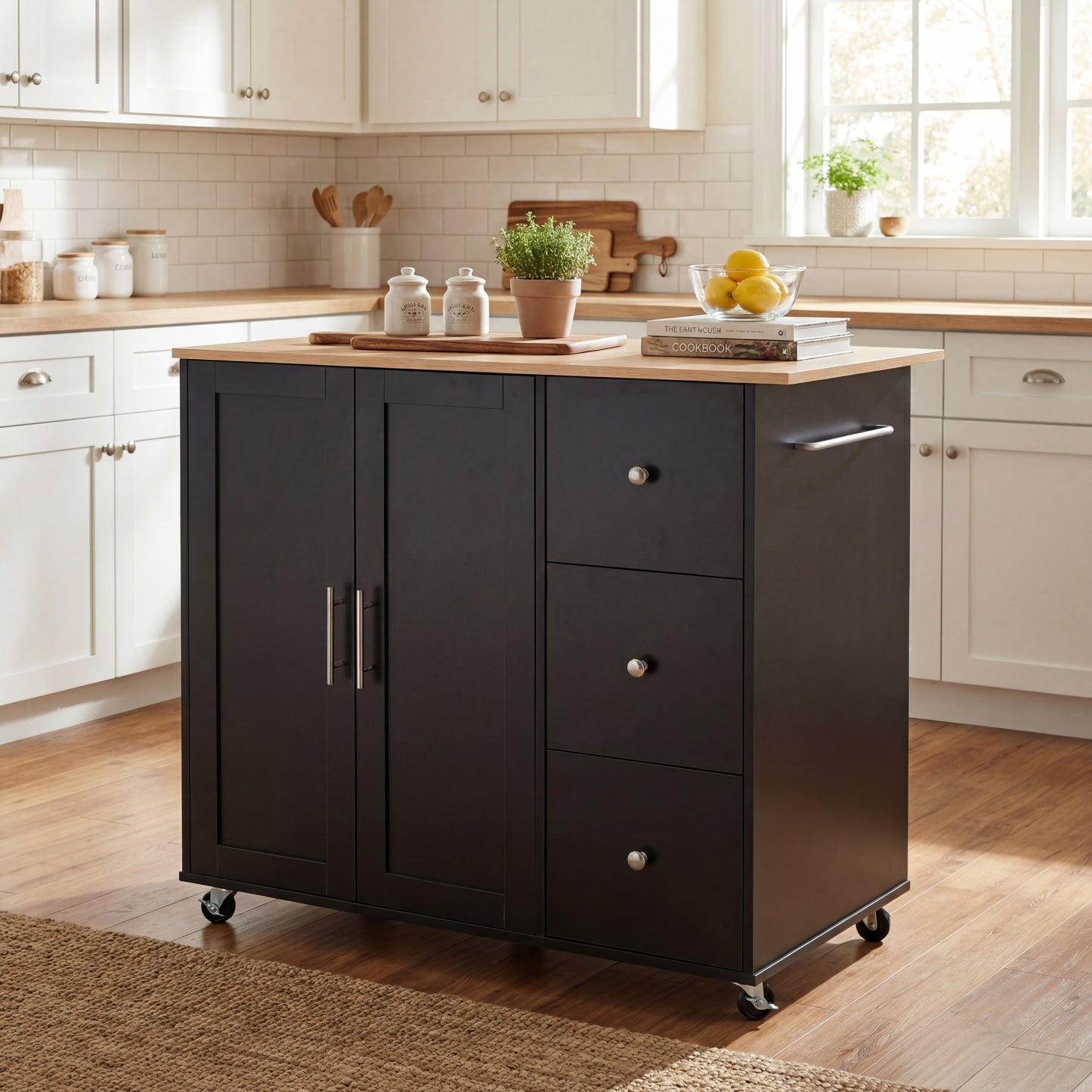 Mobile Kitchen Cart with Storage - Rolling Island, Black