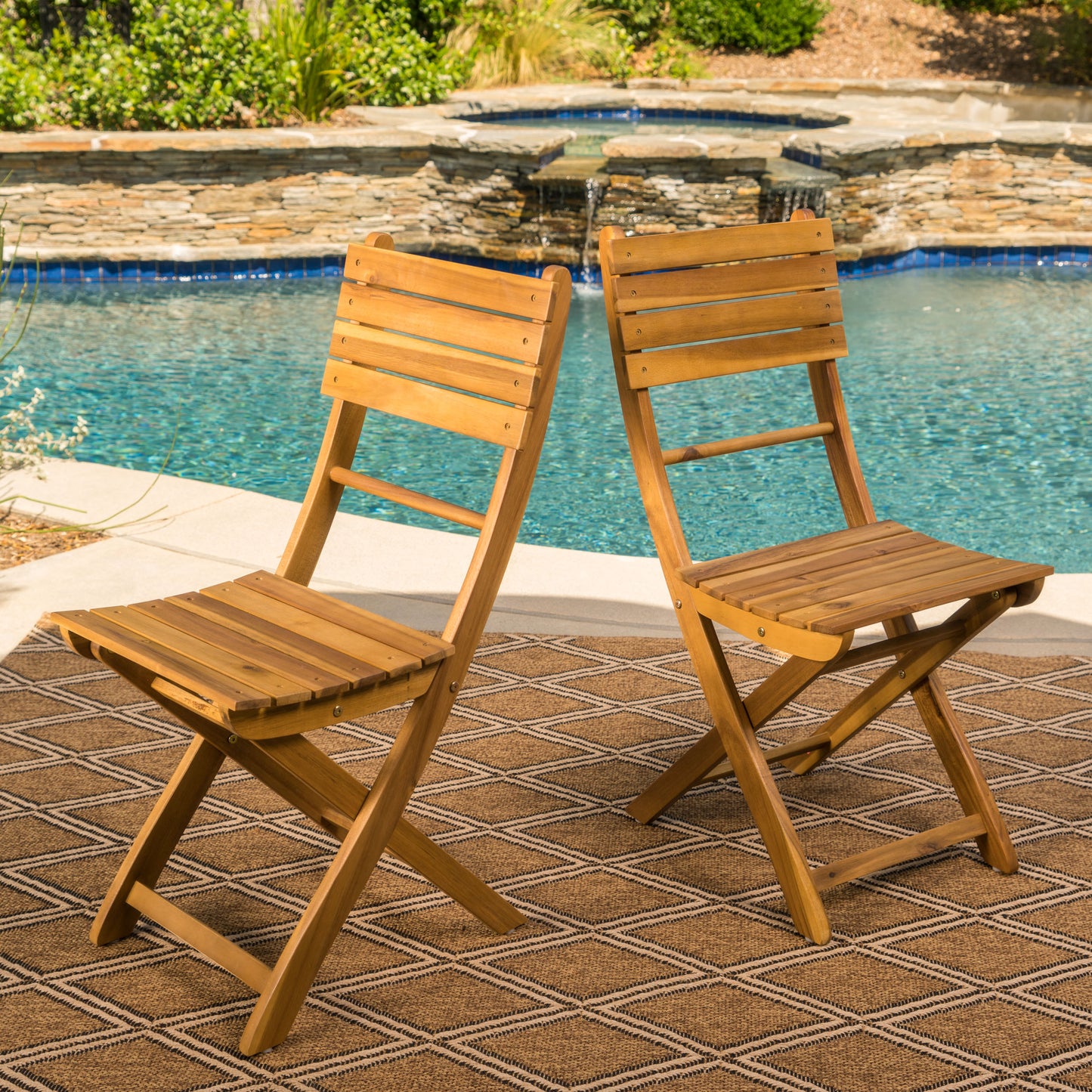 Outdoor Acacia Wood Folding Dining Chair Set - Natural Finish