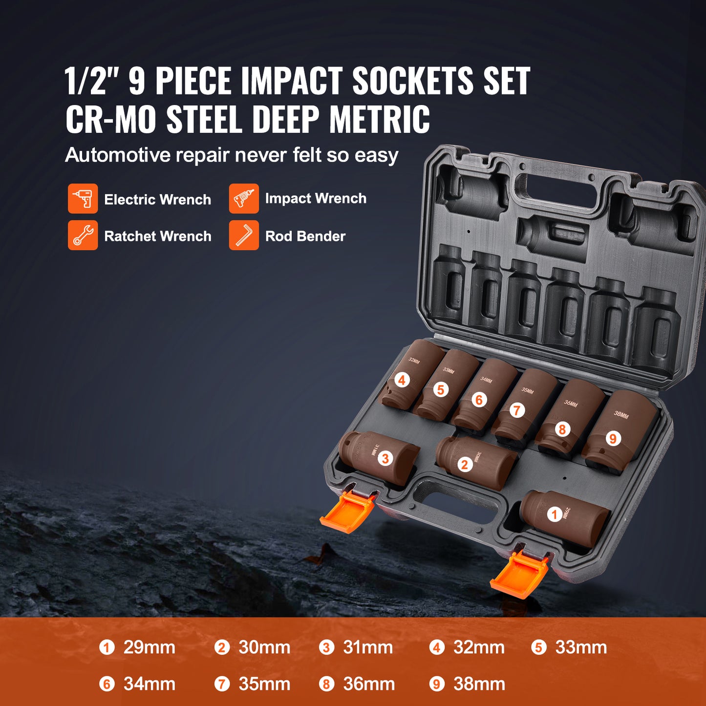 Impact Socket Set 9-Piece Deep Metric 29-38mm Cr-Mo Steel Auto Repair Tools