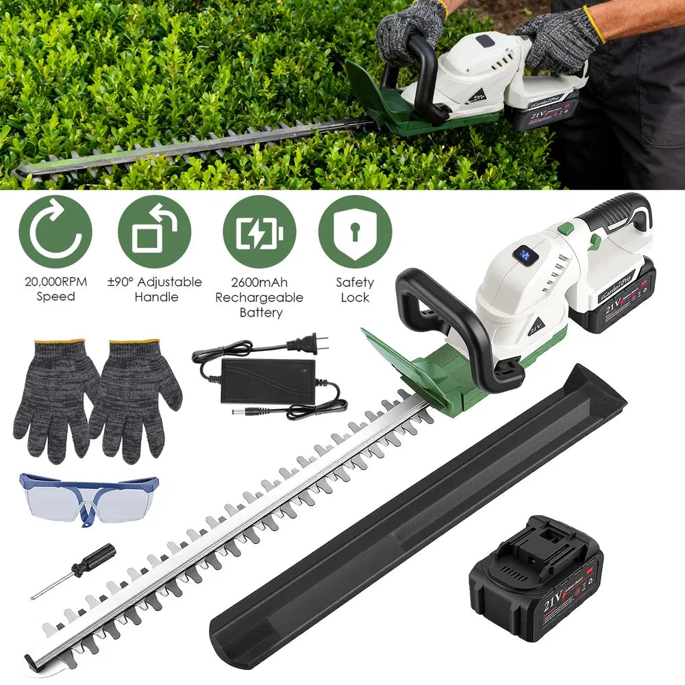 20'' Cordless Hedge Trimmer with Dual-Action Blades, 21V Battery, Adjustable Handle