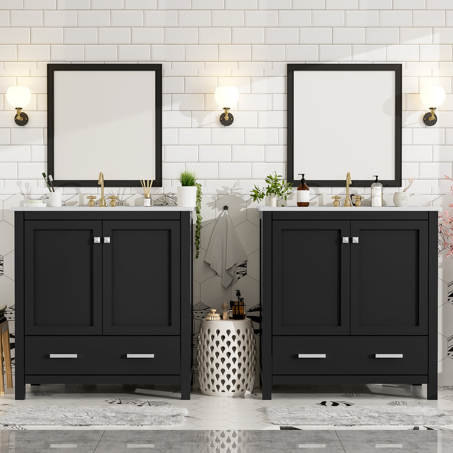 60" Black Bathroom Vanity Set with Double Ceramic Sinks