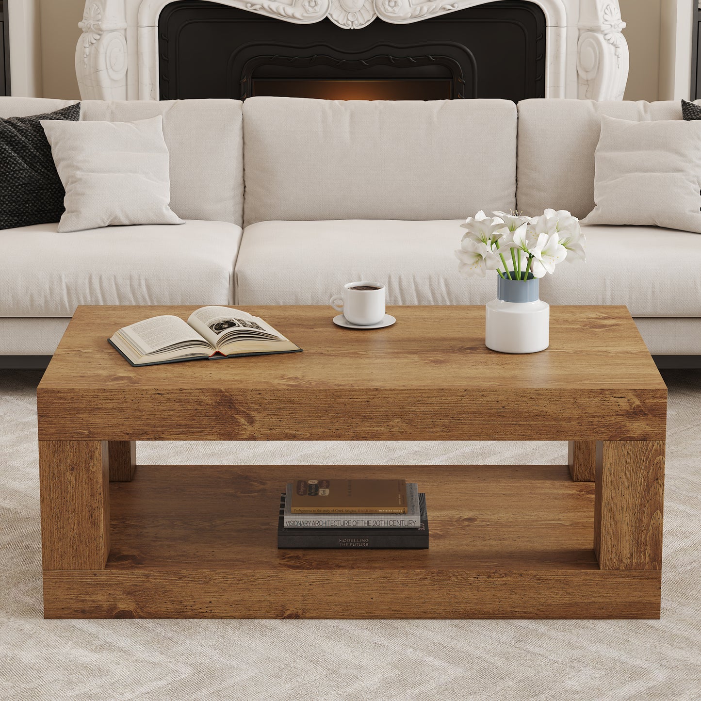 Modern 2-Tier Coffee Table with Open Storage Shelf - Wood