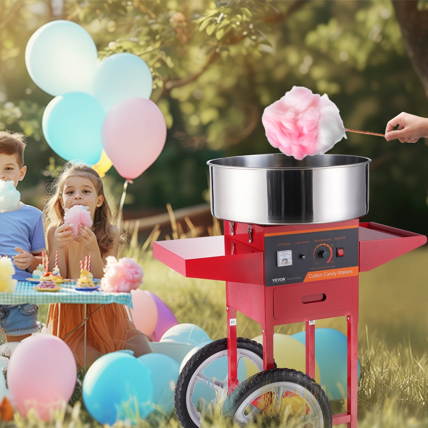 Electric Cotton Candy Machine with Cart - 1000W Commercial Candy Floss Maker, Stainless Steel Bowl, Red