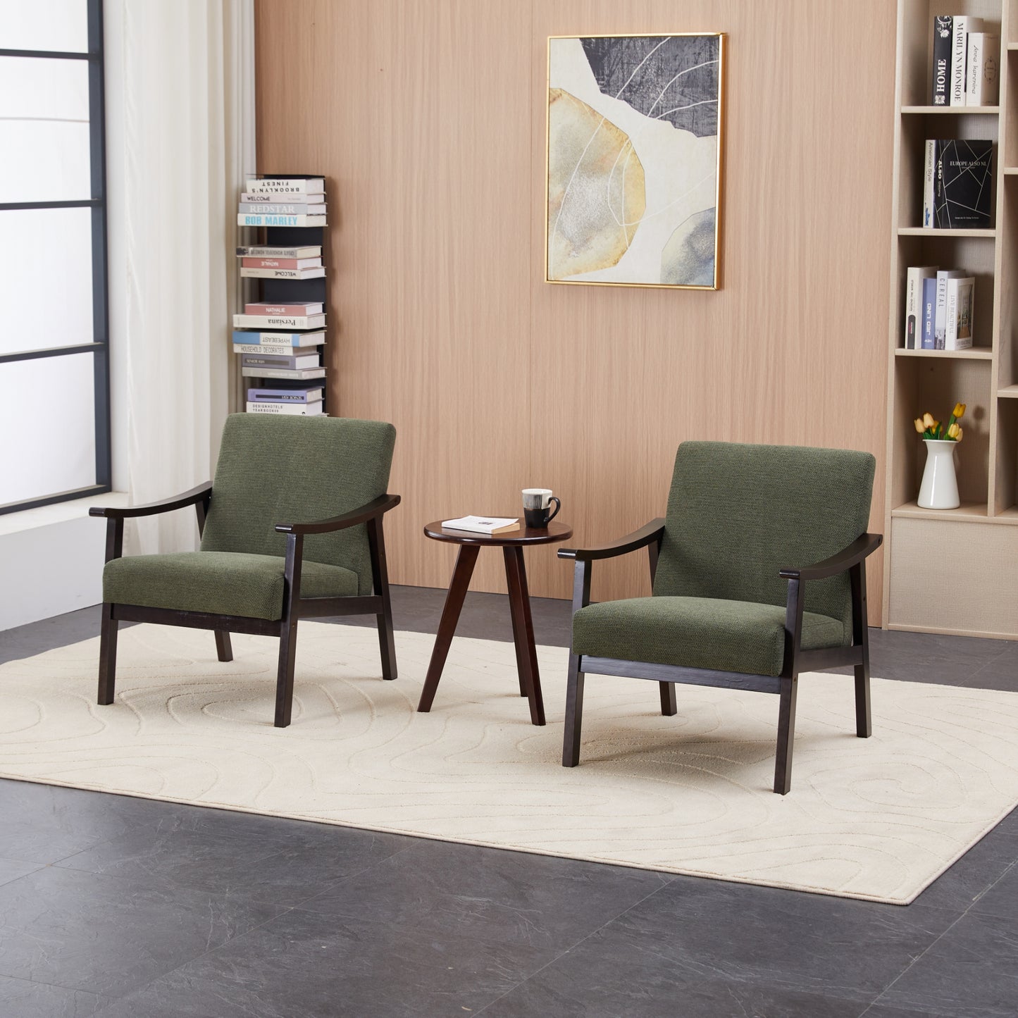 Antique Green High Back Armchair - Solid Wood Legs