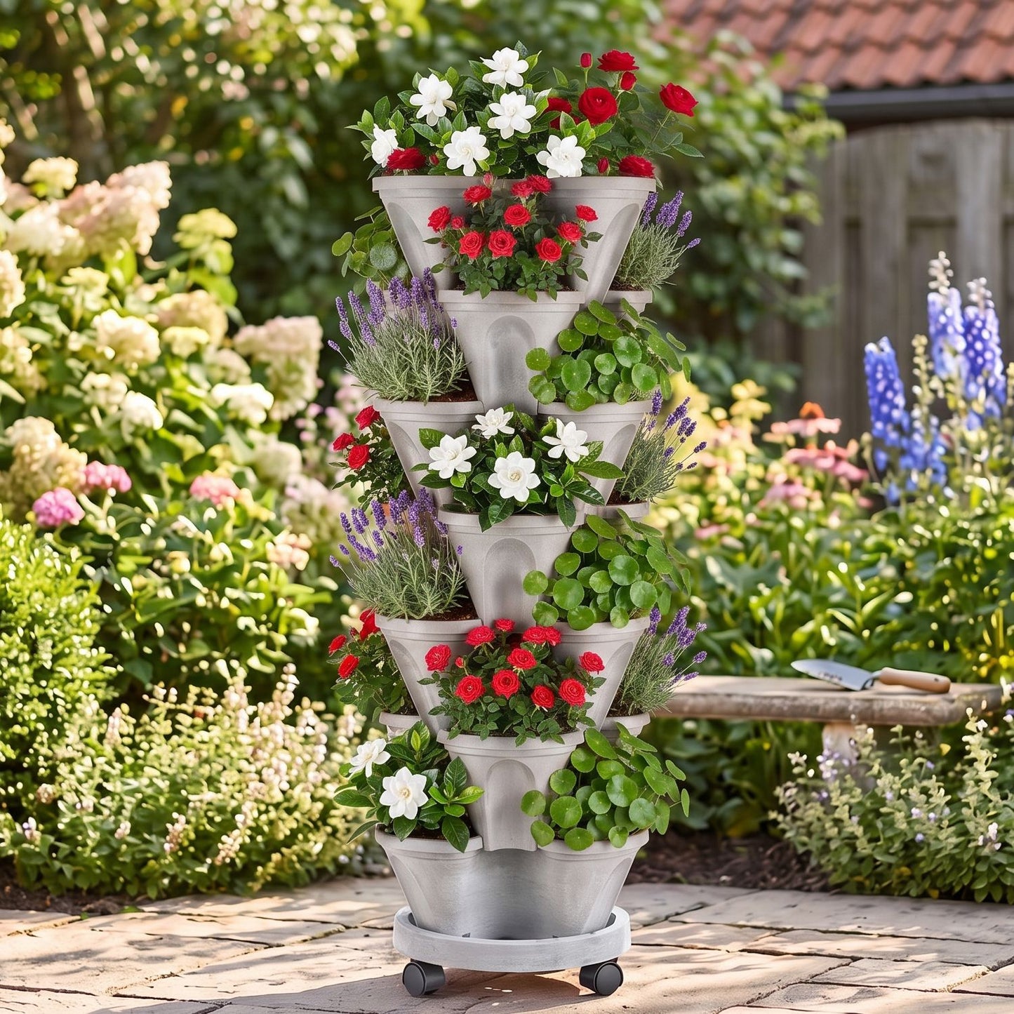 7-Tier Vertical Stackable Garden Planter with Wheels and Drainage System