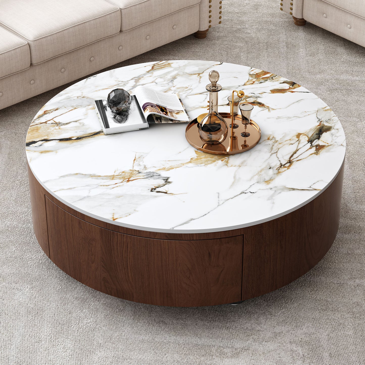 Rustic Round Coffee Table with 2 Drawers & Sintered Stone Top