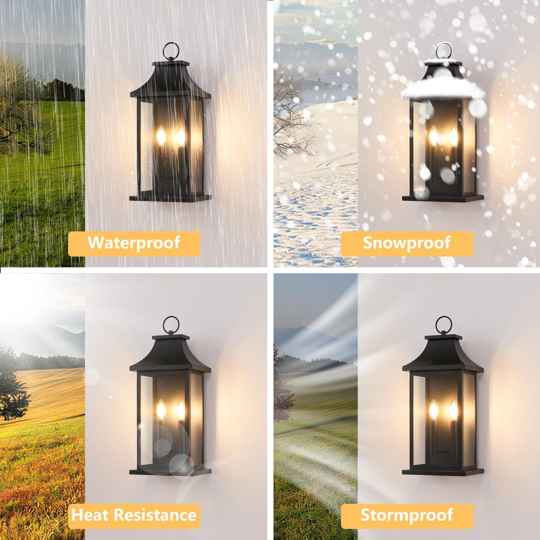 Large 22-Inch Outdoor Wall Lantern Two-Light Black Sconce with Glass Waterproof Fixture