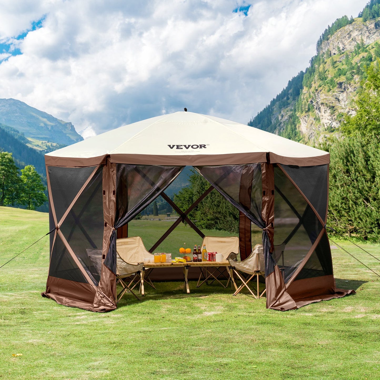 6-Sided Pop Up Gazebo Tent with Removable Privacy & Mesh Windows, 11.5x11.5FT, Brown