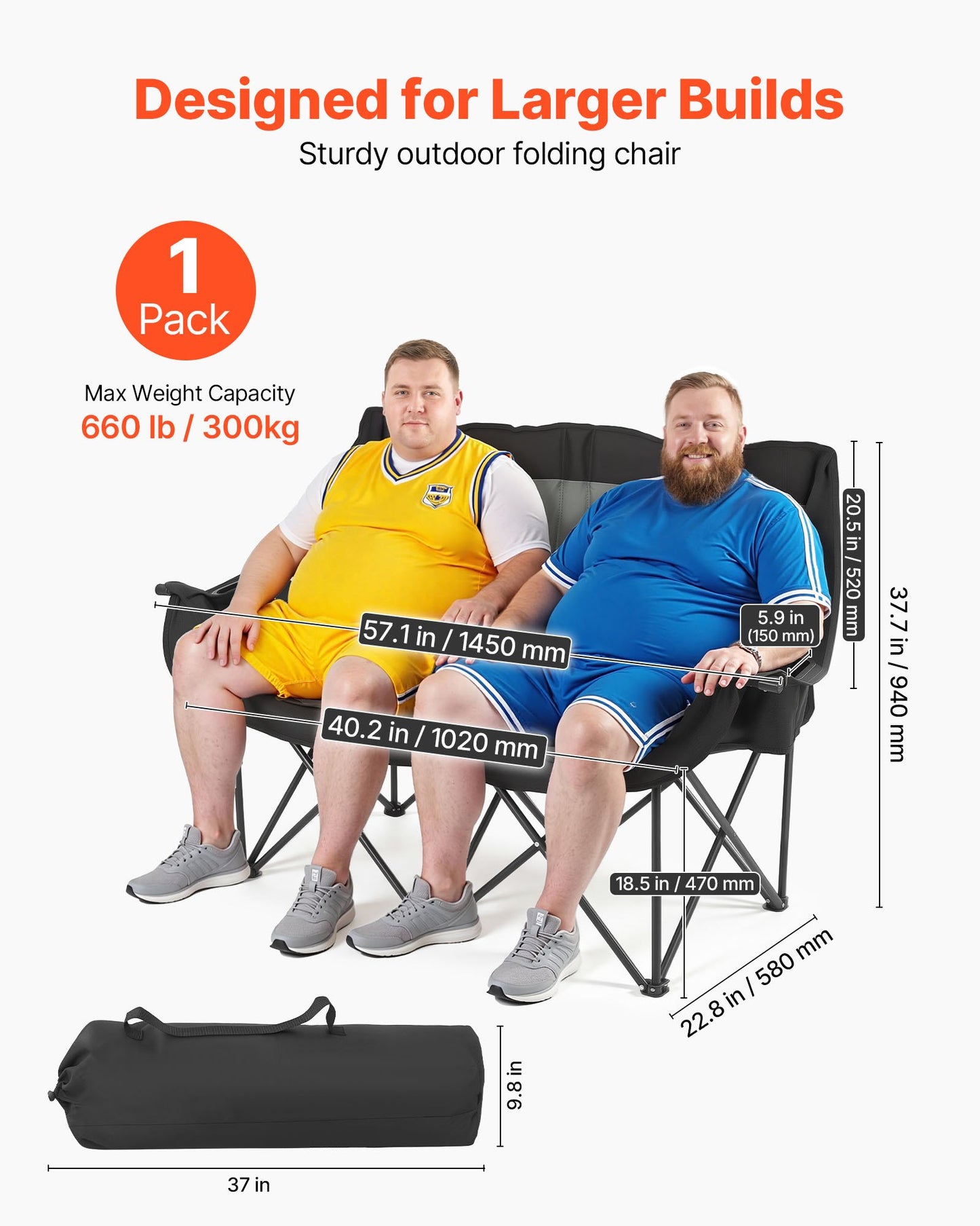 Double Camping Chair with Heavy Duty Support, Cup & Wine Holders, Portable for Outdoor & Beach