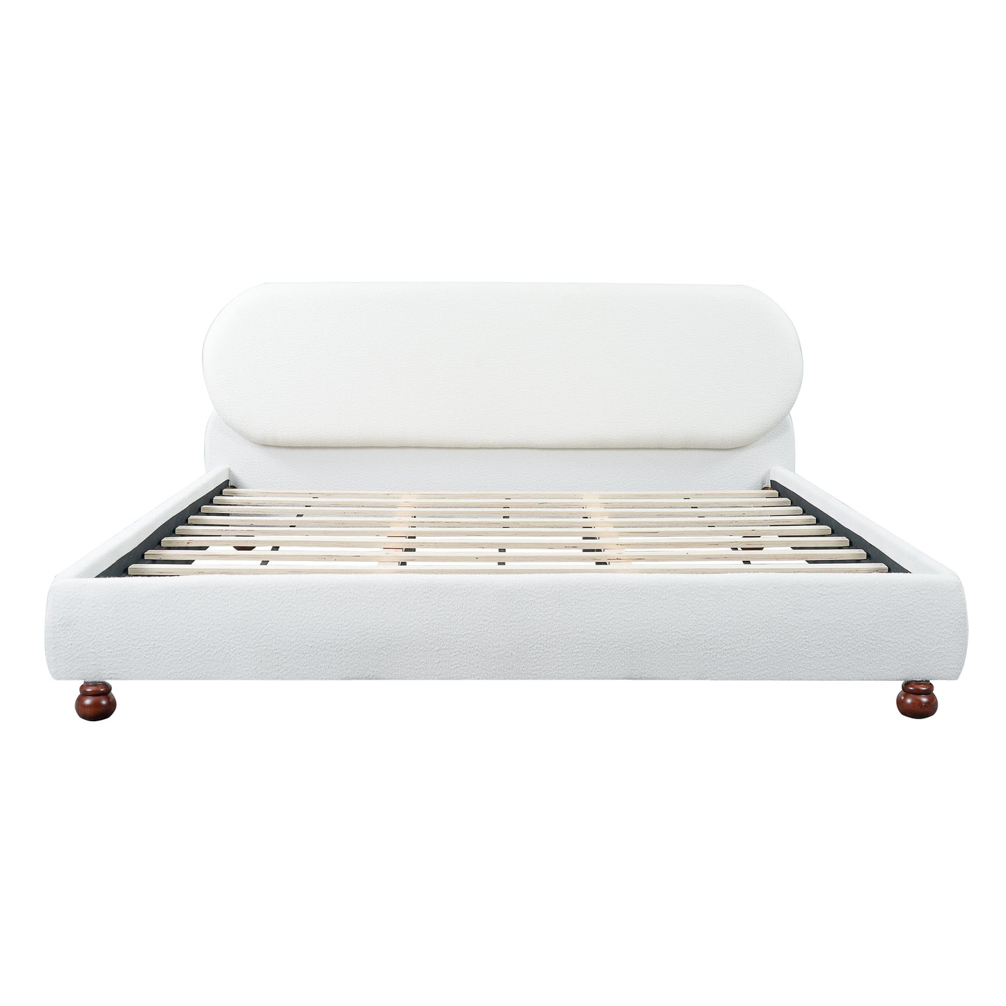 Cream Boucle Upholstered King Bed with Rubber Wood Feet