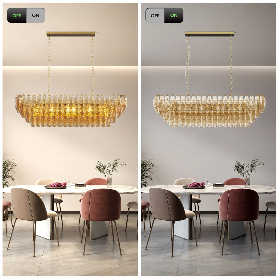 Large Gold Rectangle Chandelier - 12-Light Smoke Glass Fixture