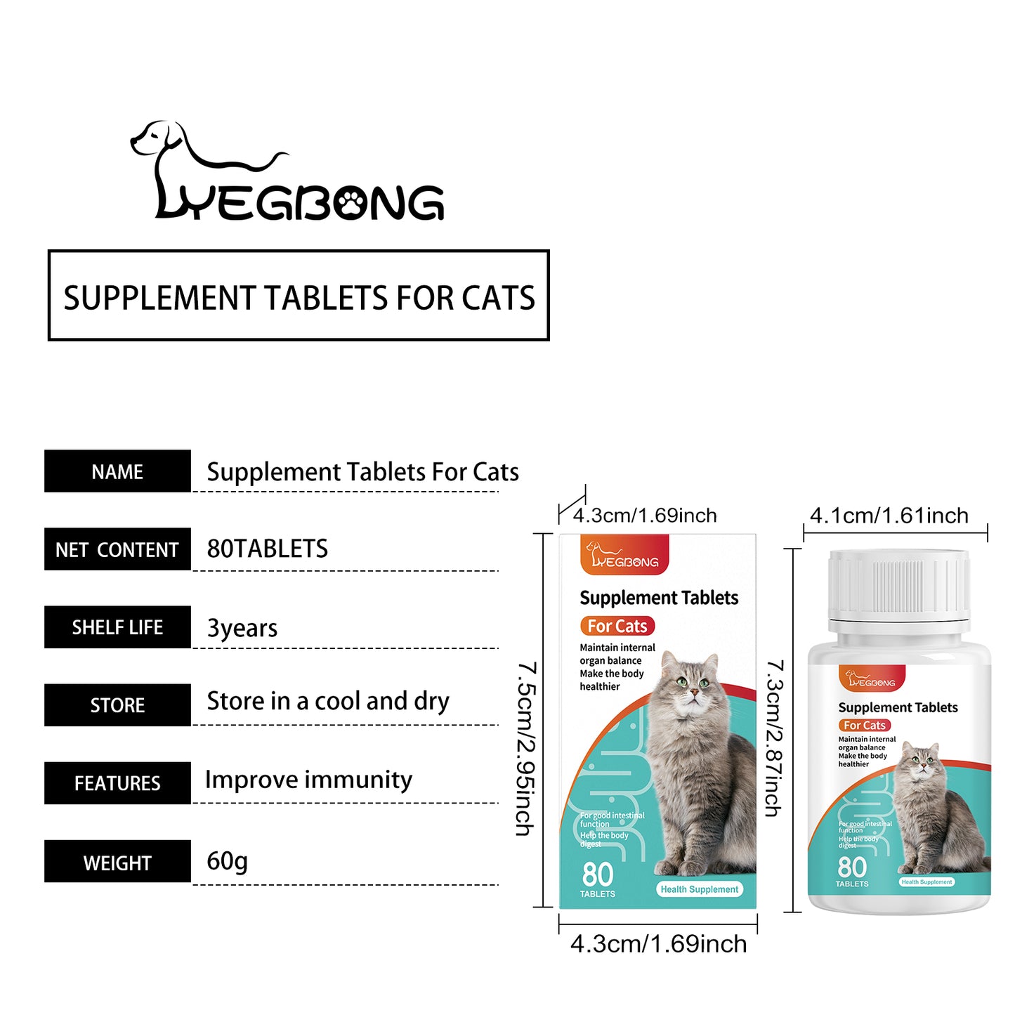 Cat Probiotic Supplement Tablets for Digestive & Immune Support - 80 Count