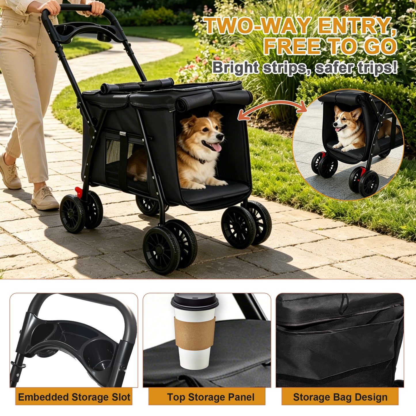 Foldable Pet Stroller for Small Medium Dogs Cats with Mesh Sides & Safety Leashes