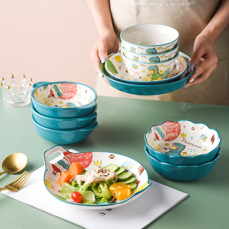 Cartoon Ceramic Dish Set with Dinosaur Pattern - Kitchen Tableware Collection