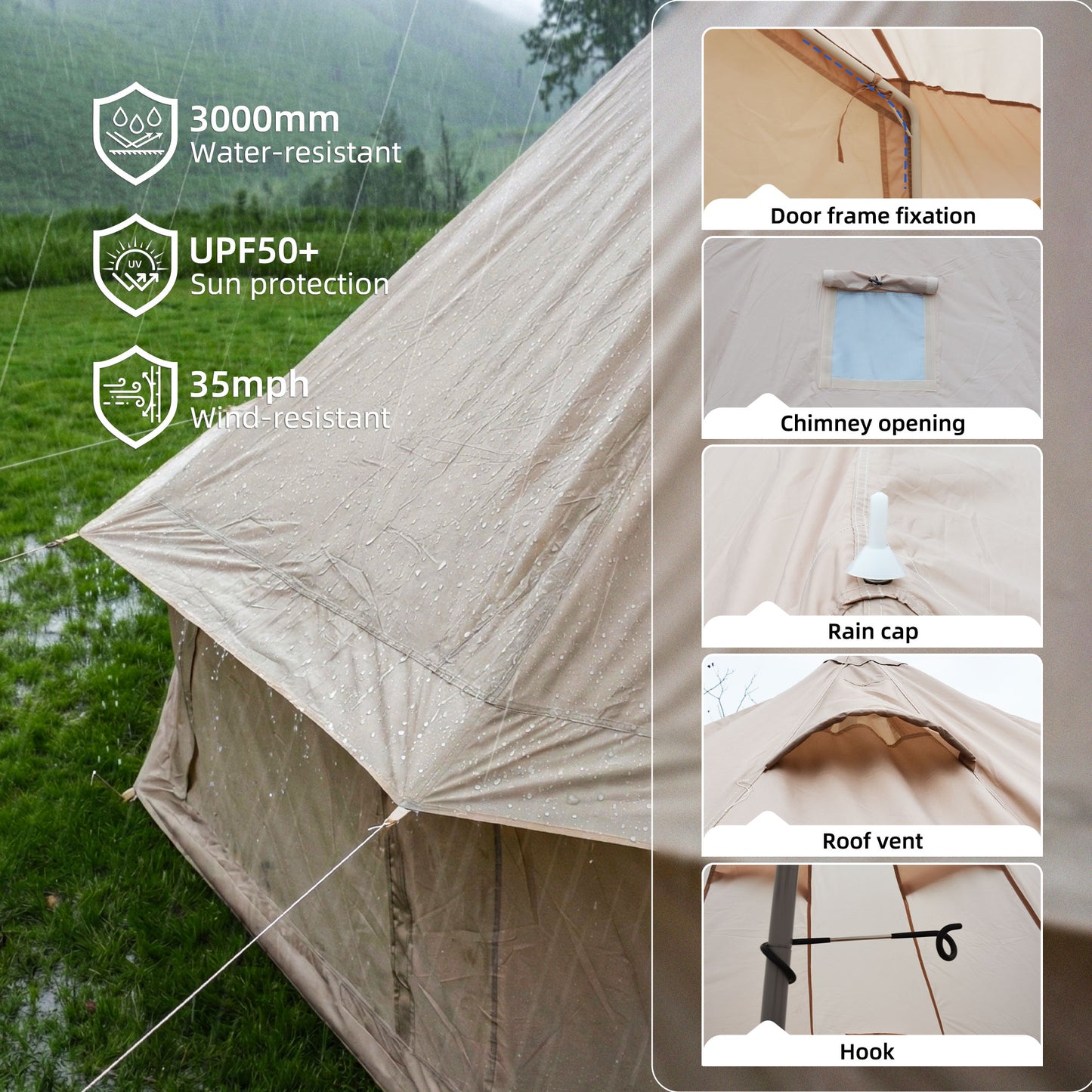 16.4FT Green Waterproof Bell Tent with Stove Jack - 10 Person Glamping Yurt