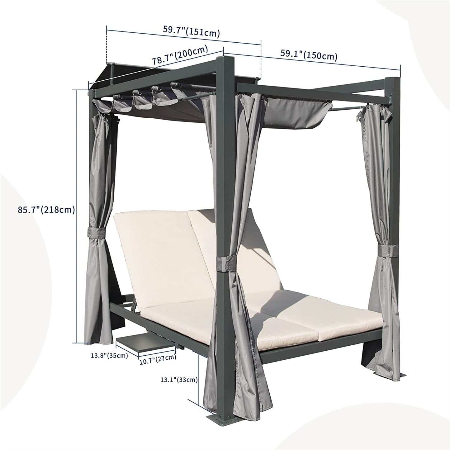 Aluminum Outdoor Patio Daybed With Retractable Canopy Bed, Double