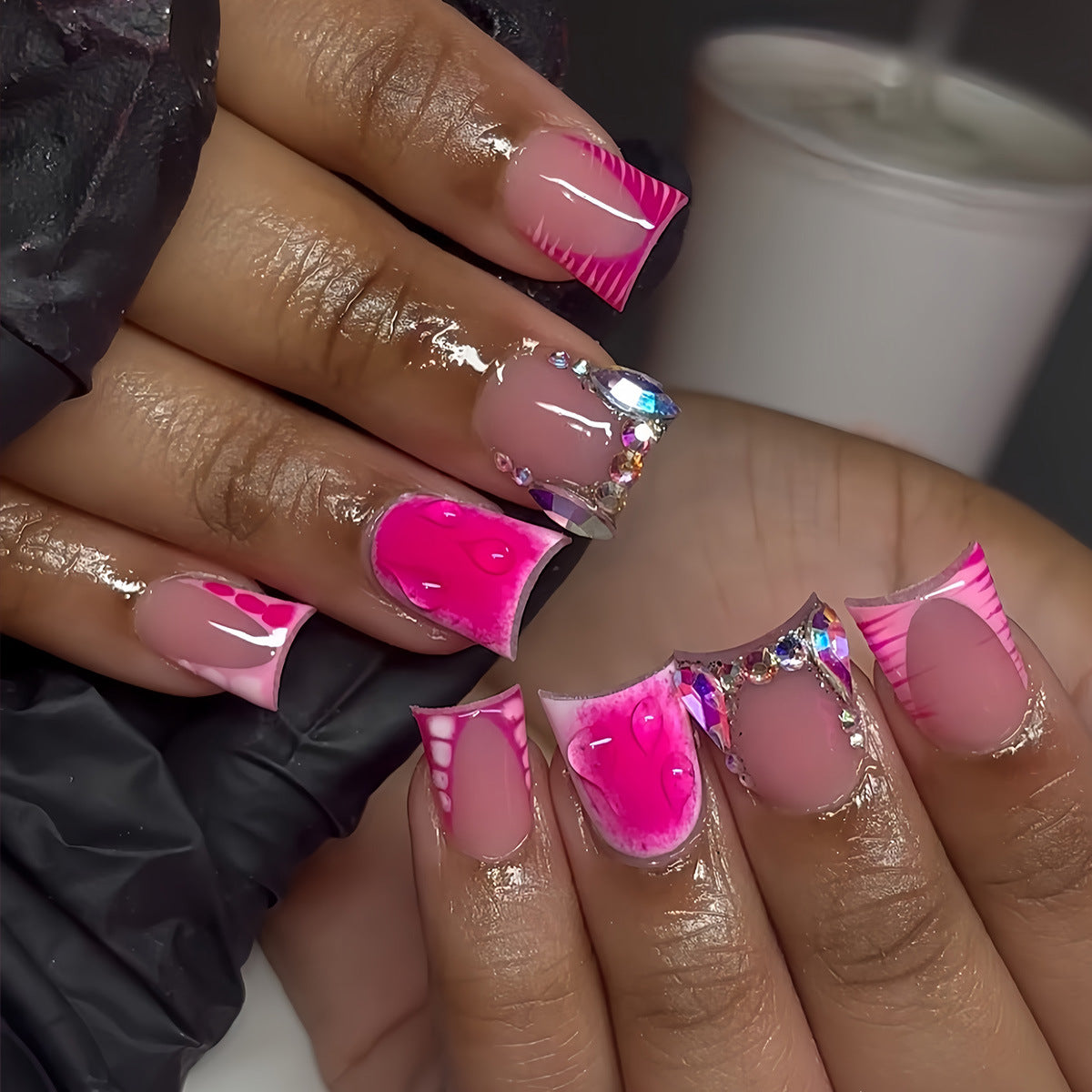 Smoky Sweet Rhinestone Leopard Press-On Nails for Women - French Glam Style