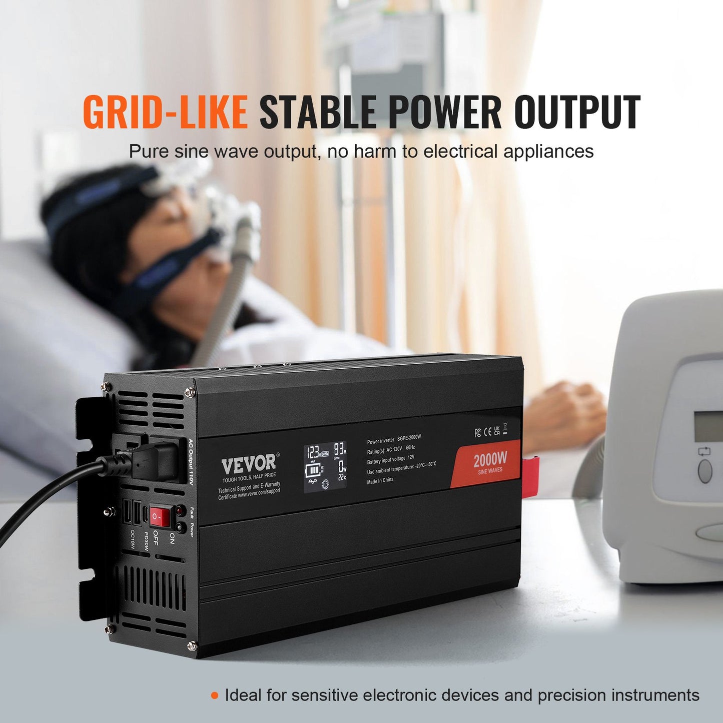 2000W Pure Sine Wave Power Inverter with 2 AC Outlets, USB & Type-C, LCD, Remote - 12V to 120V