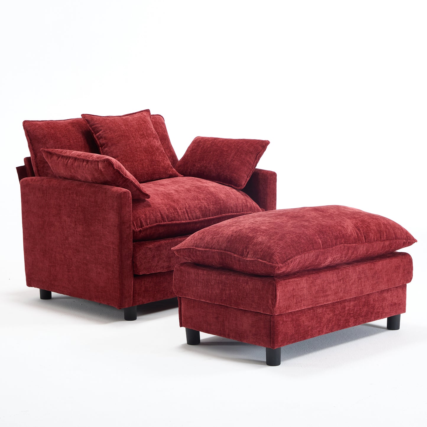 Modern Accent Chair with Ottoman - Wine Red Chenille Upholstery